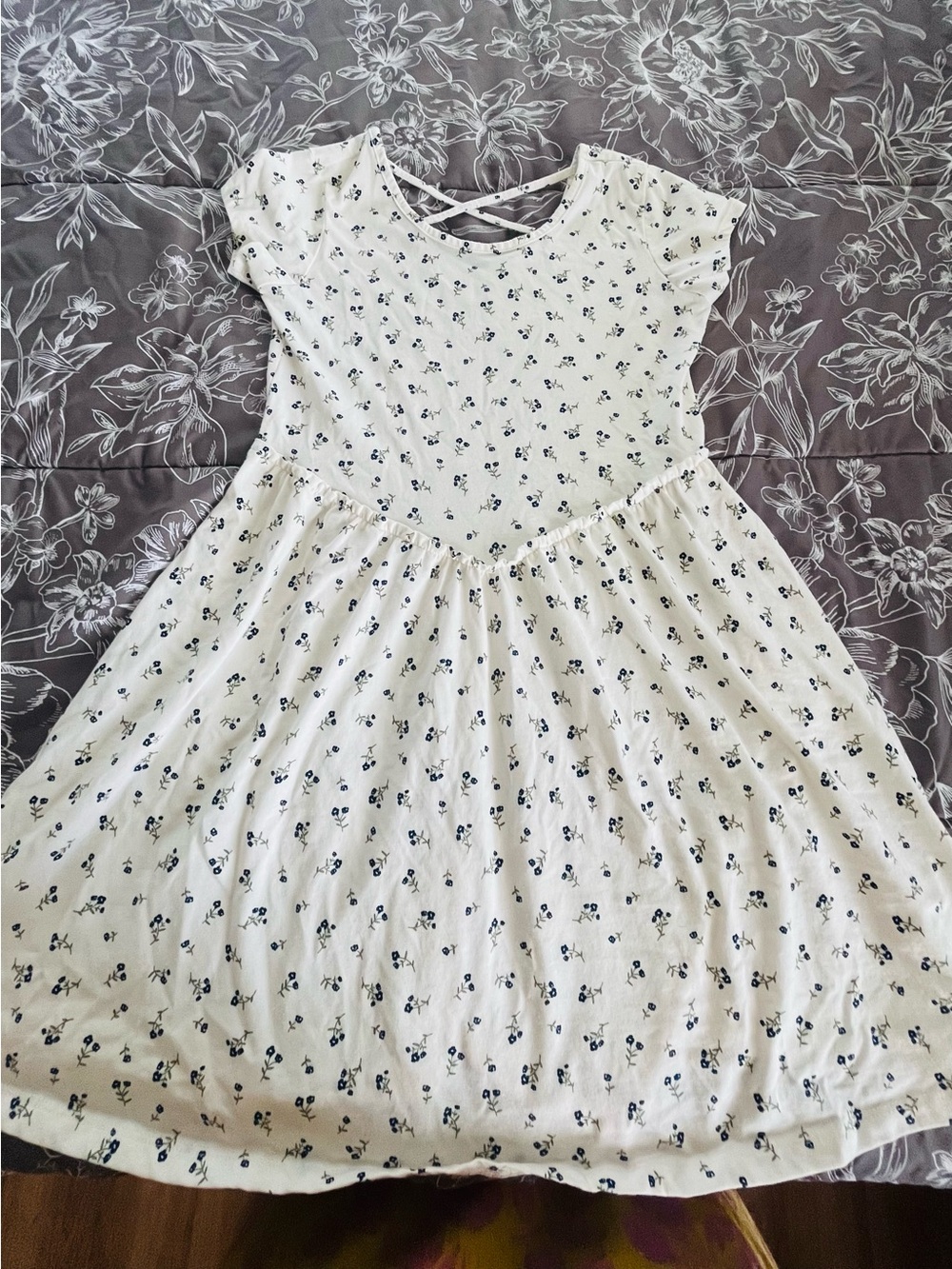 Place Cream Dress with Navy Floral Print and Crisscross Straps